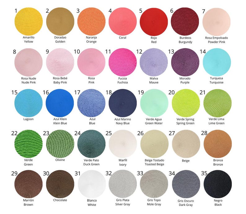 May include: Colour chart featuring 35 different colours of round placemats. The colours are arranged in rows and columns, with each colour labelled with its name in Spanish and English.