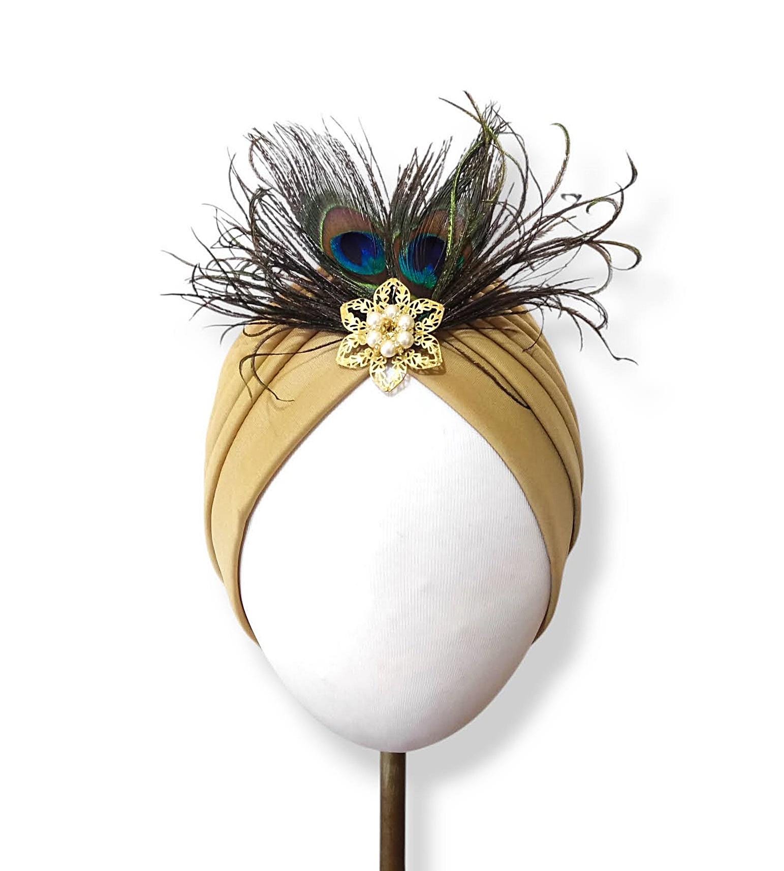Peacock Feather Turban With Golden and Pearl Brooch. 1920s 