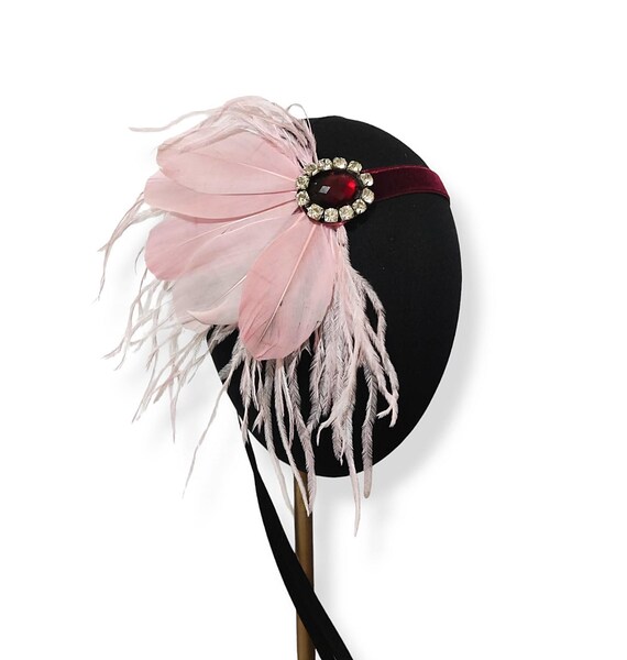 Diadema anos 20 burdeos y rosa palo con plumas y cristal Tocado de noche charleston Etsy Mexico