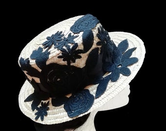 Natural straw boater hat with black lace flowers, Women's hats