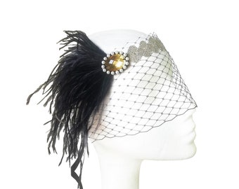 Copricapo gatsby oro e nero, cerchietto Art deco, pezzo di capelli Flapper