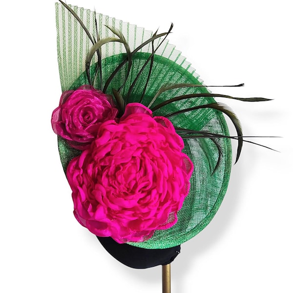 Green and Fuchsia Sinamay Headpiece - Saucer Fascinator Hat for Weddings