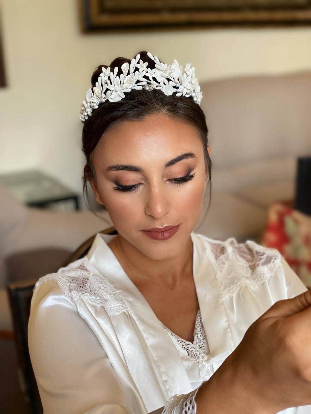 Porcelain Bridal Tiara With Flowers Leaves and Pistils Etsy