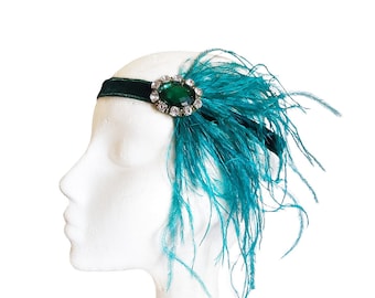 Emerald green great gatsby feather headband, Flapper Art Deco hairpiece