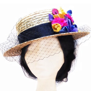 Straw boater hat with flowers and birdcage veil, Floral headpiece