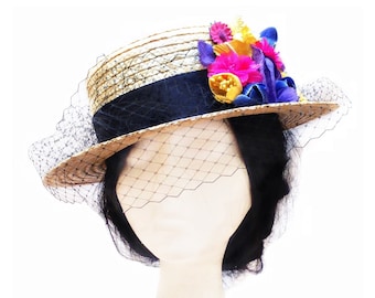 Straw boater hat with flowers and birdcage veil, Floral headpiece