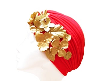 Red turban hat, Wedding headpiece, Women's hair turbans