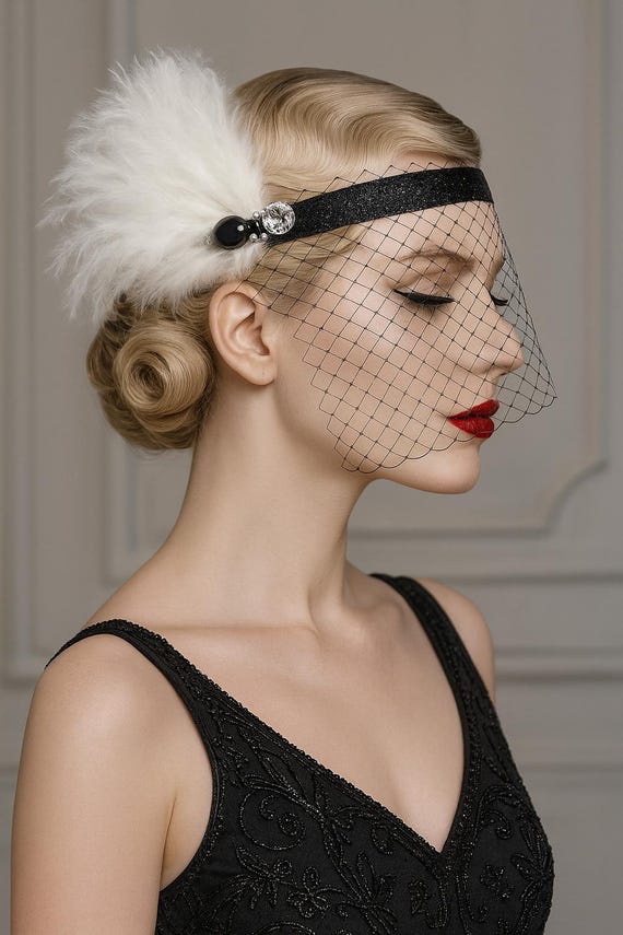 White and Black Gatsby Headband With Birdcage Veil. Art Deco  display picture 3