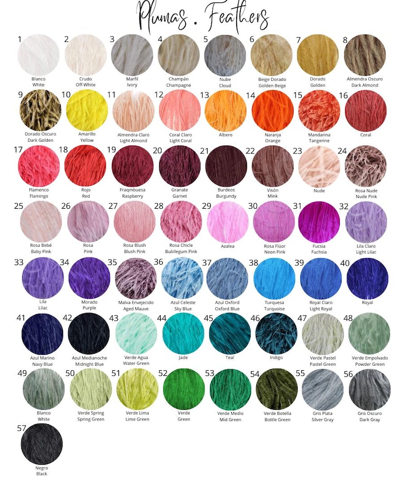 May include: A colour chart displaying 57 different shades of feathers. The colours are arranged in rows and columns, with each colour labelled in both English and Spanish. The chart is titled "Plumas. Feathers".