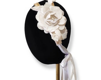 Off white flower girl straw headband with flowers, First communion headpiece