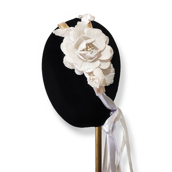 Off white flower girl straw headband with flowers, First communion headpiece