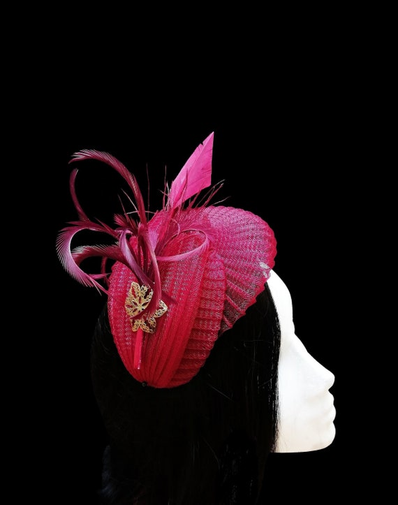 Burgundy Fascinator Hat With Feathers 