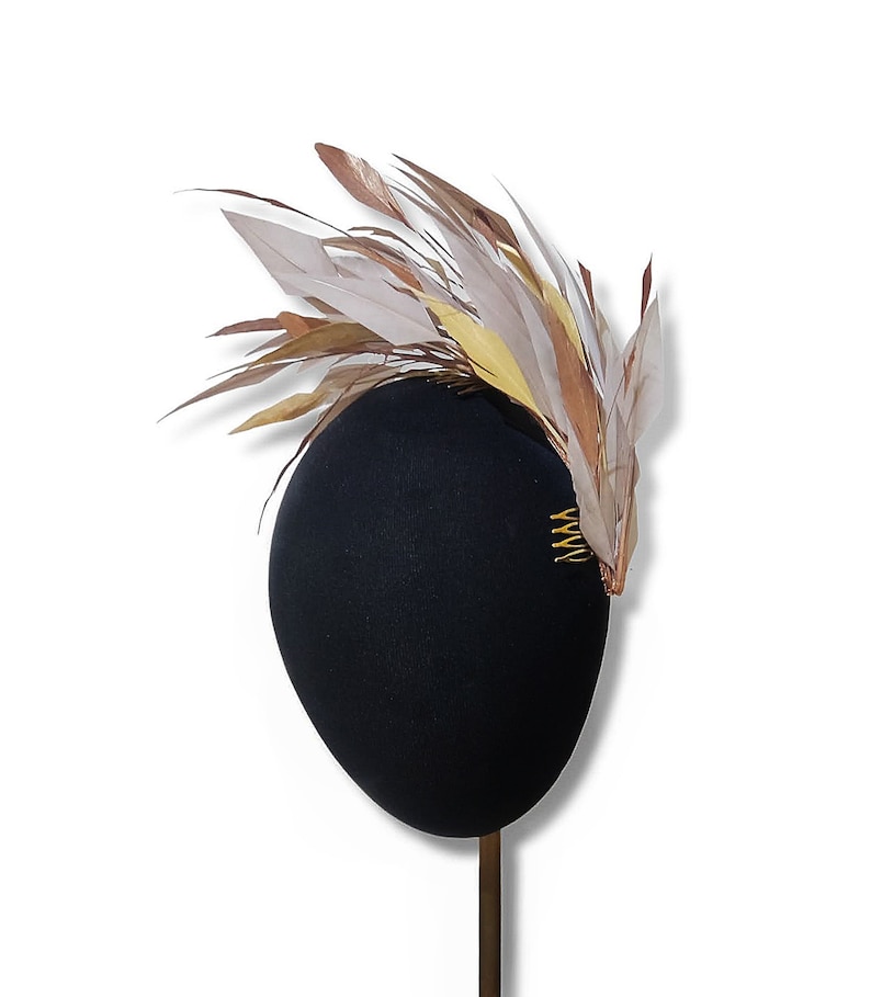 Feather fascinator in mink, copper and gold, Wedding headpiece image 5