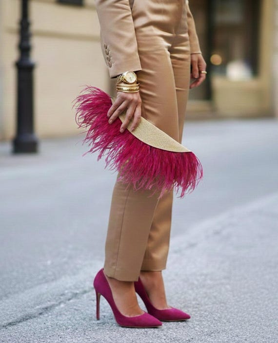 Evening clutch bag with feathers. Wedding statement straw handbag
