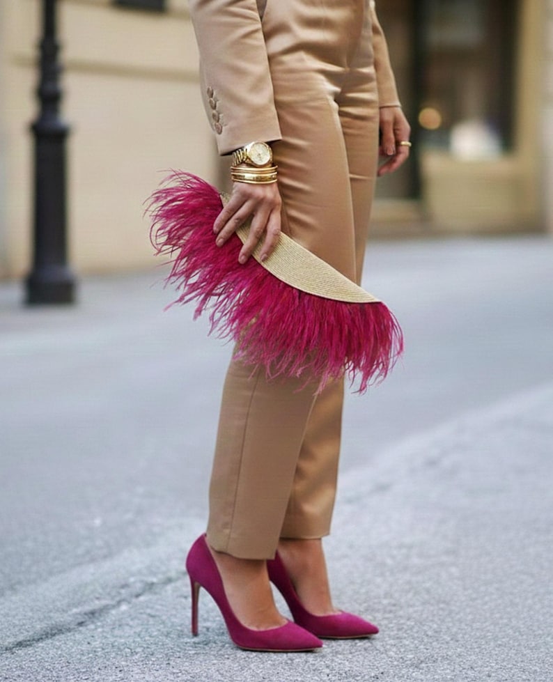 Evening clutch bag with feathers. Wedding statement straw handbag image 1