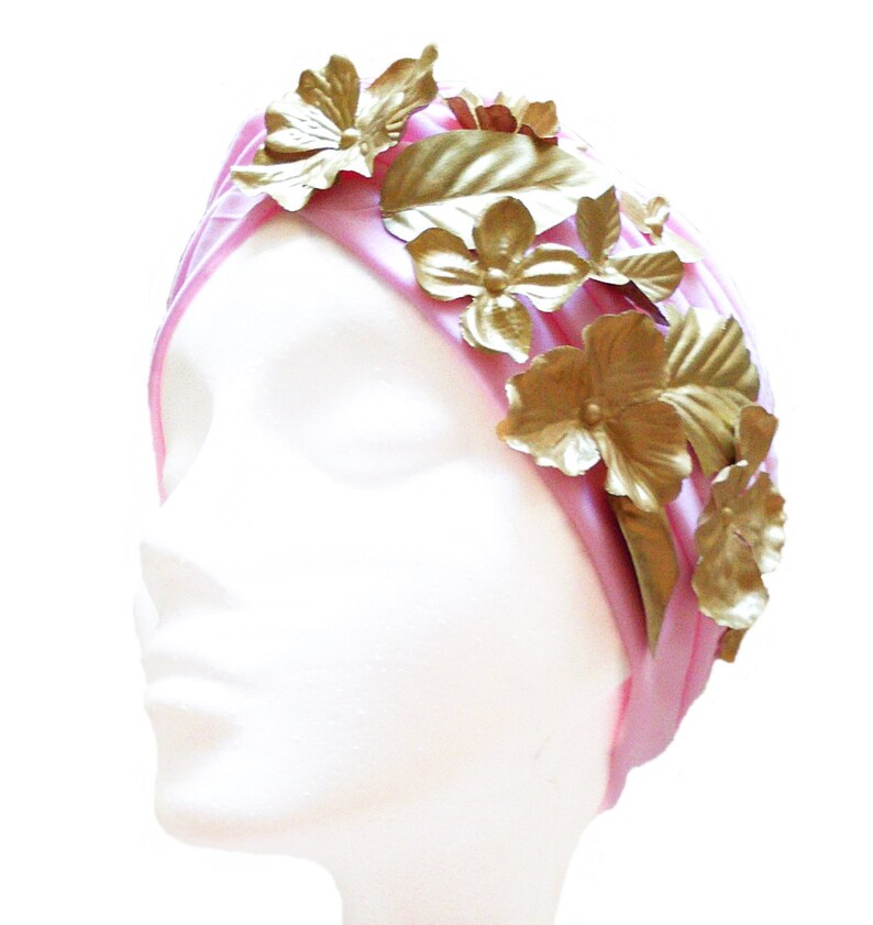 Pink turban hat with flower and leaves, Bridal hair piece, Women's hair accessories image 2