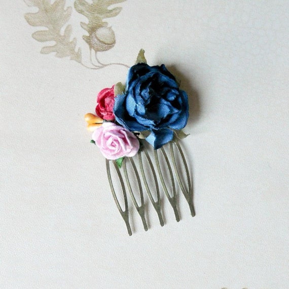 Peineta pequeña para con flores azules y rosas - Etsy España