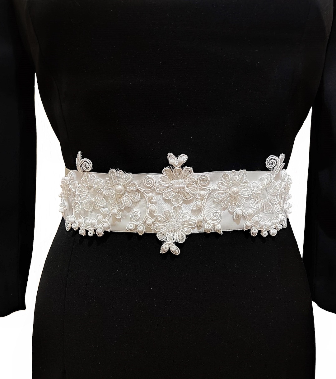 White Bridal Sash With Embroidery Lace and Satin Ribbon, Wedding Dress ...
