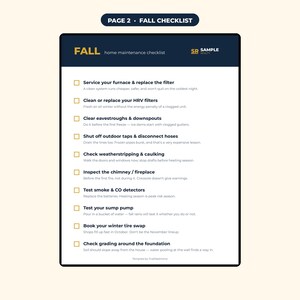 Op de afbeelding: Een wit en donkerblauw document met de titel PAGE 2 FALL CHECKLIST. Het bevat een lijst met onderhoudstaken voor het huis, waaronder het onderhoud van de oven, het reinigen van filters, het schoonmaken van dakgoten en het testen van rookmelders.