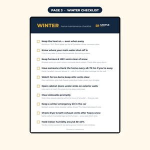 Op de afbeelding: Een wit en donkerblauw document met een checklist voor winteronderhoud aan huis, getiteld PAGE 3 WINTER CHECKLIST. Het bevat tien taken, waaronder de verwarming aanhouden bij -15&deg;C, waterafsluiters controleren en luchtvochtigheid op 30-40%.