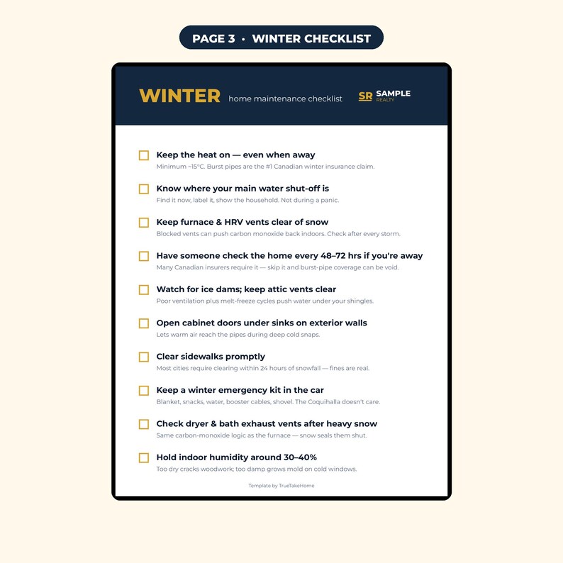 Op de afbeelding: Een wit en donkerblauw document met een checklist voor winteronderhoud aan huis, getiteld PAGE 3 WINTER CHECKLIST. Het bevat tien taken, waaronder de verwarming aanhouden bij -15&deg;C, waterafsluiters controleren en luchtvochtigheid op 30-40%.