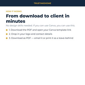以下が含まれることがあります： TRUETAKEHOMEというタイトルのデジタル説明画像。HOW IT WORKSおよびFrom download to client in minutesという見出しがあります。3つのステップが記載されています：1. Download the PDF and open your Canva template link, 2. Drop in your logo and contact details, 3. Download as PDF &mdash; email it or print it as a leave-behind.