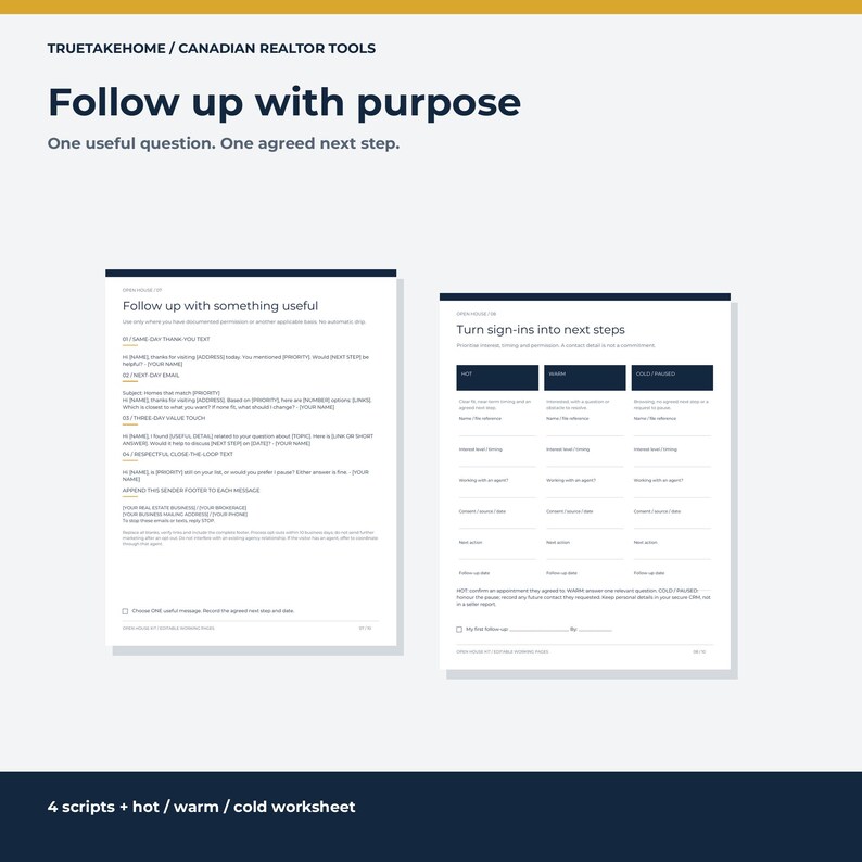 Kit para jornadas de puertas abiertas para agentes inmobiliarios canadienses / 10 páginas editables de Canva / Listas de verificación, formularios de registro y guiones de seguimiento imagen 5