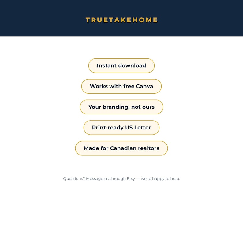 Op de afbeelding: Een digitale afbeelding met de tekst TRUETAKEHOME bovenaan. Hieronder staan vijf afgeronde rechthoekige knoppen met de tekst: Instant download, Works with free Canva, Your branding, not ours, Print-ready US Letter, Made for Canadian realtors.