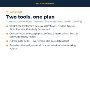 K&ouml;nnte beinhalten: Eine digitale Planungsressource mit dem Titel TRUETAKEHOME und dem Text Two tools, one plan. Sie enth&auml;lt eine Tabelle mit 2026 Review, 2027 Math, Find 50 Tracker, Pillar Planner, Quarterly Scorecard sowie ein Canva-Paket mit verschiedenen Vorlagen.