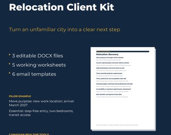Canadian Relocation Guide for Realtors, Local Area Comparison, Discovery Worksheets and Client Email Templates