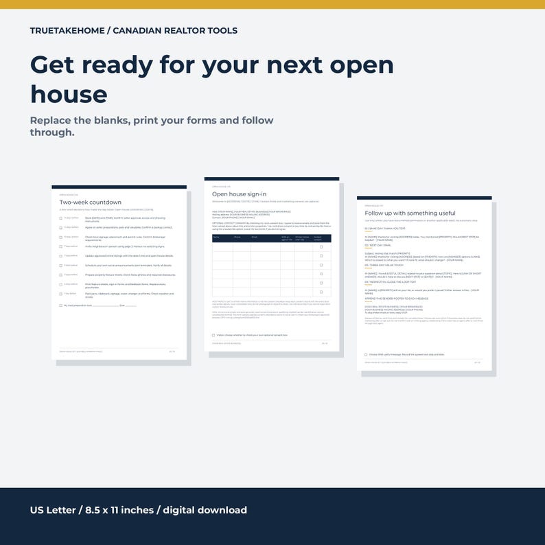 Kit para jornadas de puertas abiertas para agentes inmobiliarios canadienses / 10 páginas editables de Canva / Listas de verificación, formularios de registro y guiones de seguimiento imagen 8