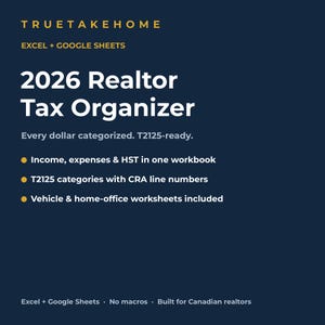 2026 Realtor Tax Organizer | Canadian T2125 Expense Tracker Spreadsheet | GST, Home Office and Vehicle Deductions | Excel & Google Sheets image 1
