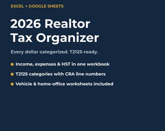 Organizador de impuestos para agentes inmobiliarios 2026 / Hoja de cálculo para el seguimiento de gastos (Formulario T2125 canadiense) / Deducciones por GST, oficina en casa y vehículo / Excel y Google Sheets