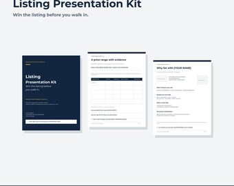 Kit de presentación de propiedades para agentes inmobiliarios / Paquete de citas de 12 páginas en Canva con resumen de análisis comparativo de mercado (CMA), guiones y seguimiento.