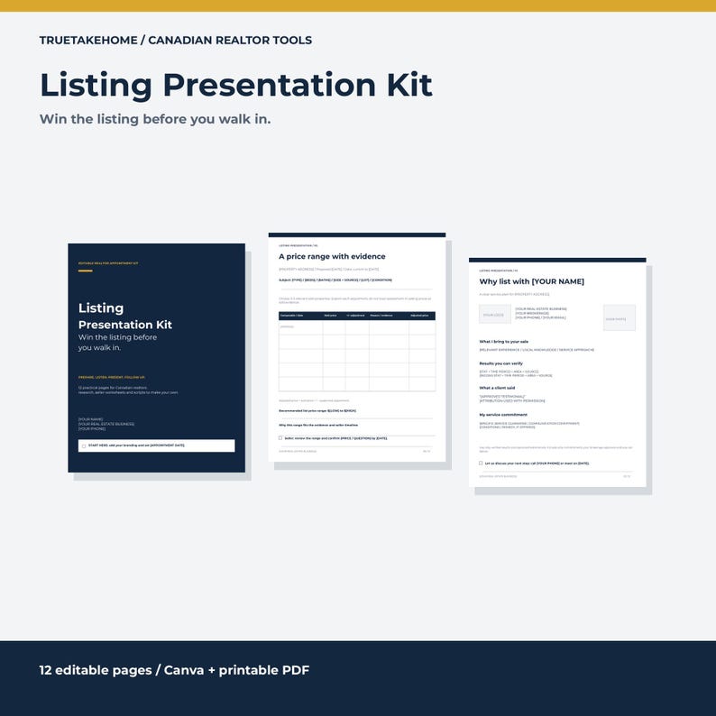 Kit de presentación de propiedades para agentes inmobiliarios / Paquete de citas de 12 páginas en Canva con resumen de análisis comparativo de mercado (CMA), guiones y seguimiento. imagen 1