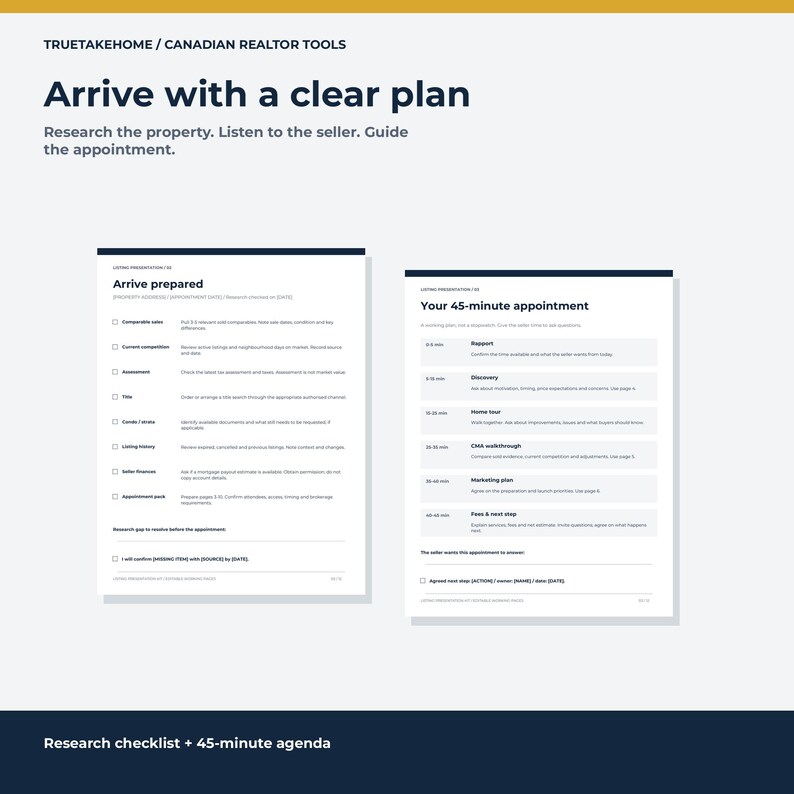 Kit de presentación de propiedades para agentes inmobiliarios / Paquete de citas de 12 páginas en Canva con resumen de análisis comparativo de mercado (CMA), guiones y seguimiento. imagen 2