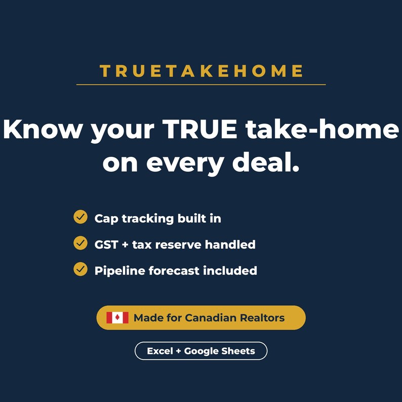 Puede incluir: Un gr&aacute;fico digital azul oscuro con el texto TRUETAKEHOME y Know your TRUE take-home on every deal. Las caracter&iacute;sticas incluyen Cap tracking built in, GST + tax reserve handled y Pipeline forecast included. Incluye una bandera canadiense, el texto Made for Canadian Realtors y Excel + Google Sheets.