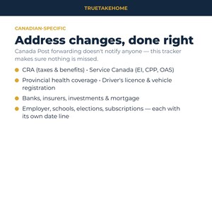 Pode incluir: Um gr&aacute;fico informativo branco com texto azul escuro intitulado TRUETAKEHOME e CANADIAN-SPECIFIC Address changes, done right. Lista categorias para rastrear mudan&ccedil;as de endere&ccedil;o, incluindo CRA, Service Canada, cobertura de sa&uacute;de, bancos e empregadores.