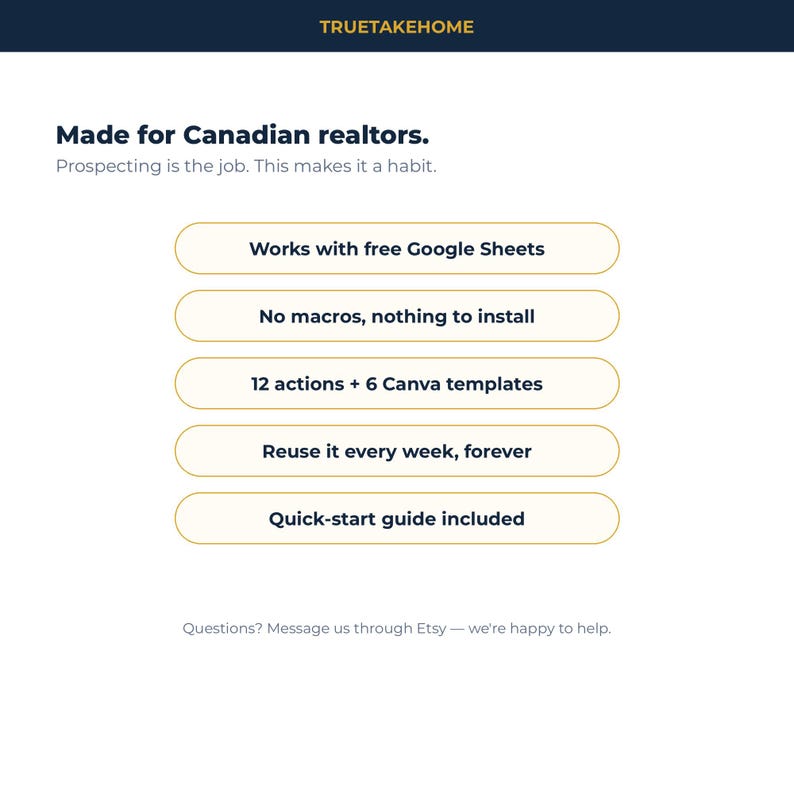 Pode incluir: Um gr&aacute;fico de informa&ccedil;&otilde;es de produto digital para corretores de im&oacute;veis canadenses intitulado TRUETAKEHOME. Lista recursos, incluindo compatibilidade com Google Sheets, sem macros, 12 a&ccedil;&otilde;es, 6 modelos Canva e um guia de in&iacute;cio r&aacute;pido.