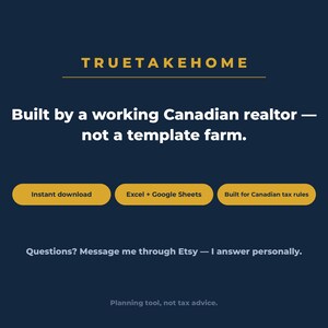 Puede incluir: Un gr&aacute;fico digital azul oscuro con texto amarillo que dice TRUETAKEHOME, Built by a working Canadian realtor &mdash; not a template farm. Tres botones amarillos indican Instant download, Excel + Google Sheets, Built for Canadian tax rules. El texto inferior dice Questions? Message me through Etsy &mdash; I answer personally. Planning tool, not tax advice.