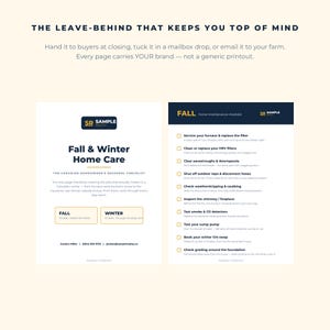 Op de afbeelding: Een digitale checklist van twee pagina's getiteld Fall & Winter Home Care met het logo van SR Sample Realty. Het document bevat secties voor onderhoudstaken in de herfst en winter, zoals het onderhouden van verwarmingen en rookmelders.