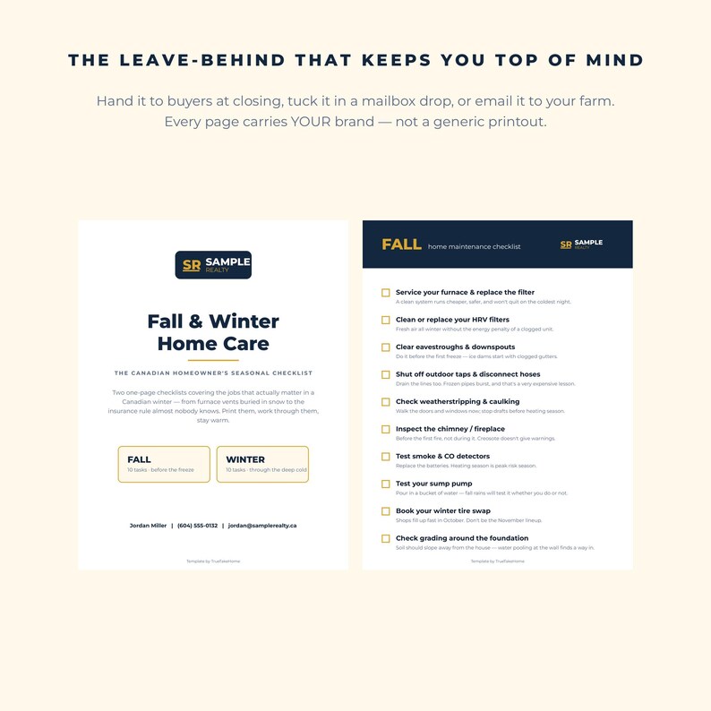 Op de afbeelding: Een digitale checklist van twee pagina's getiteld Fall & Winter Home Care met het logo van SR Sample Realty. Het document bevat secties voor onderhoudstaken in de herfst en winter, zoals het onderhouden van verwarmingen en rookmelders.