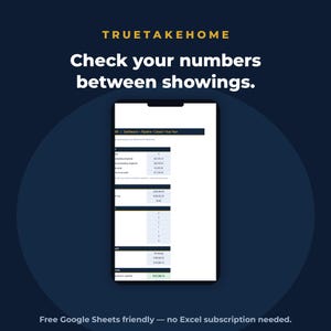 Puede incluir: Un tel&eacute;fono inteligente que muestra un panel digital con datos financieros y el texto TRUETAKEHOME Check your numbers between showings. La pantalla muestra filas de datos num&eacute;ricos y el pie de p&aacute;gina indica Free Google Sheets friendly &mdash; no Excel subscription needed.