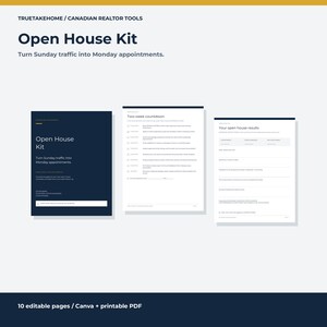 Kit para jornadas de puertas abiertas para agentes inmobiliarios canadienses / 10 páginas editables de Canva / Listas de verificación, formularios de registro y guiones de seguimiento imagen 1