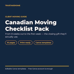 Pode incluir: Um documento digital intitulado TRUETAKEHOME CLIENT MOVING GUIDE Canadian Moving Checklist Pack. Inclui 10 p&aacute;ginas, est&aacute; pronto para impress&atilde;o e consiste em modelos Canva edit&aacute;veis. O texto descreve um cronograma de 8 semanas antes da mudan&ccedil;a.
