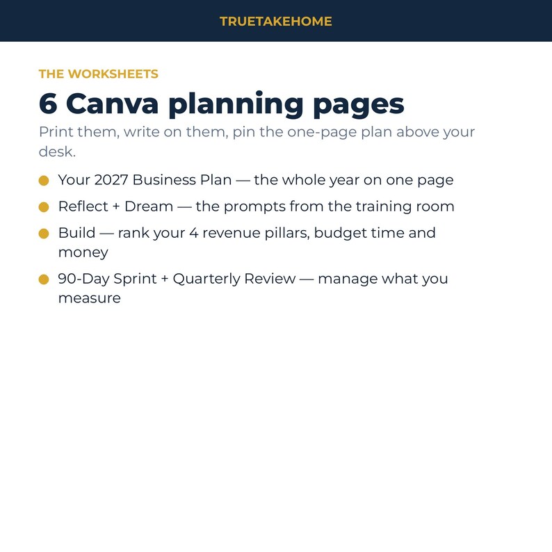 K&ouml;nnte beinhalten: Ein digitales Dokument mit dem Titel TRUETAKEHOME, das 6 Canva-Planungsseiten enth&auml;lt. Der Text listet auf: Your 2027 Business Plan, Reflect + Dream, Build zur Einstufung von 4 Umsatzs&auml;ulen und 90-Day Sprint + Quarterly Review. Gelbe Aufz&auml;hlungspunkte.