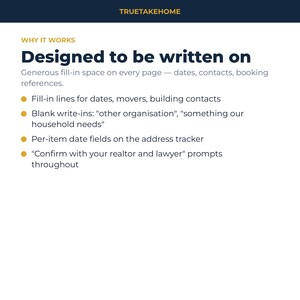 Pode incluir: Um gr&aacute;fico informativo branco com texto azul-escuro e dourado intitulado TRUETAKEHOME. Explica que um planejador foi projetado para ser preenchido com linhas para datas, transportadoras, contatos, rastreamento de endere&ccedil;os e avisos para consultar advogados.