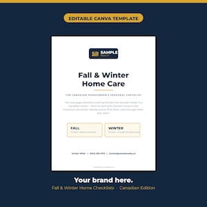 Op de afbeelding: Een bewerkbaar Canva-sjabloon voor een checklist voor woningonderhoud in de herfst en winter. Het document bevat het logo van Sample Realty, een seizoensgebonden checklist voor Canadese huiseigenaren en twee aparte secties voor herfst- en wintertaken.
