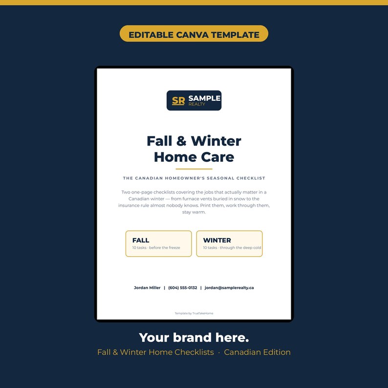 Op de afbeelding: Een bewerkbaar Canva-sjabloon voor een checklist voor woningonderhoud in de herfst en winter. Het document bevat het logo van Sample Realty, een seizoensgebonden checklist voor Canadese huiseigenaren en twee aparte secties voor herfst- en wintertaken.
