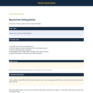 Pode incluir: Um documento digital intitulado TRUETAKEHOME Beyond the listing photos com cabe&ccedil;alhos azul-escuro e se&ccedil;&otilde;es em creme claro. O texto descreve um processo de 60 minutos para fotos de listagens, incluindo passos para escolher observa&ccedil;&otilde;es e compartilhar.